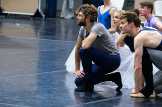 Giorgio Garrett, Barry Drummond and Artists of English National Ballet listen to instructions during Cinderella Rehearsals.